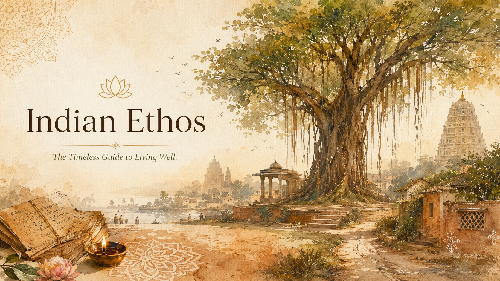 A warm watercolour scene representing Indian Ethos, with a banyan tree, manuscripts and a temple landscape