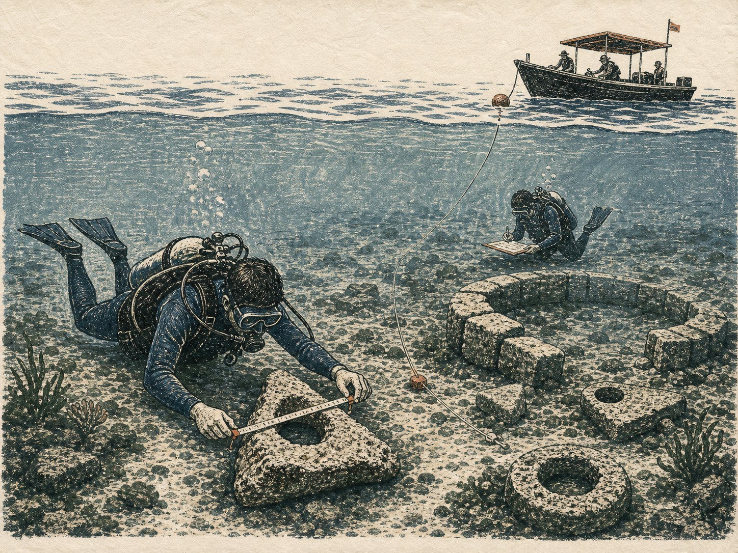 Conceptual block-print illustration of marine archaeologists measuring scattered stone blocks and anchors in the waters off Dwarka.