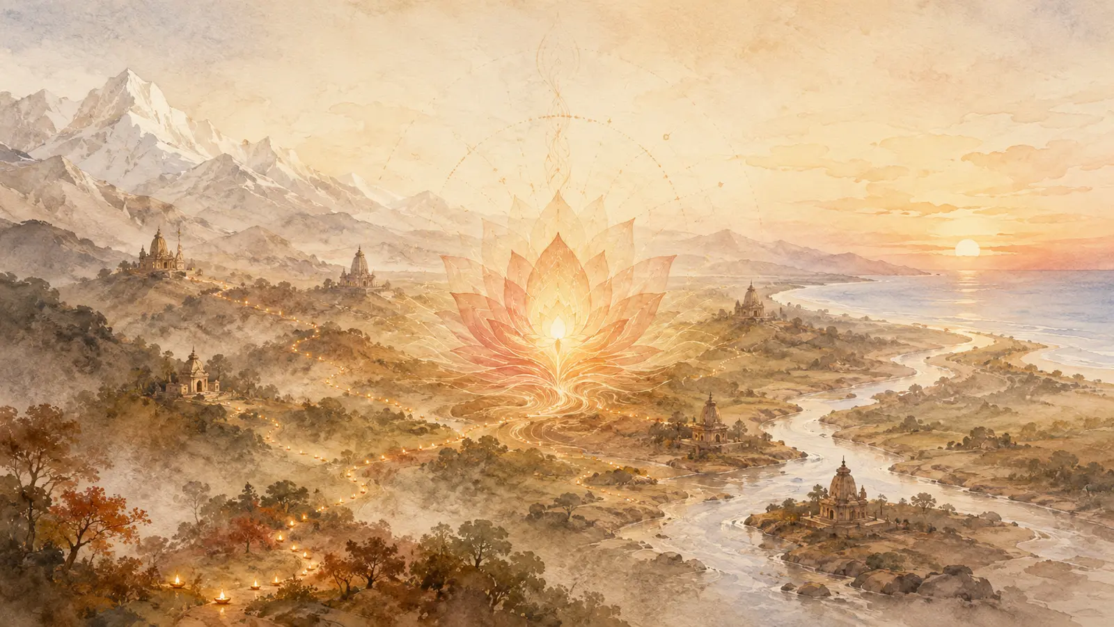 Pastel-watercolour sacred landscape symbolising the 18 Maha Shakti Peethas and the Divine Mother’s presence across Bharatavarsha.