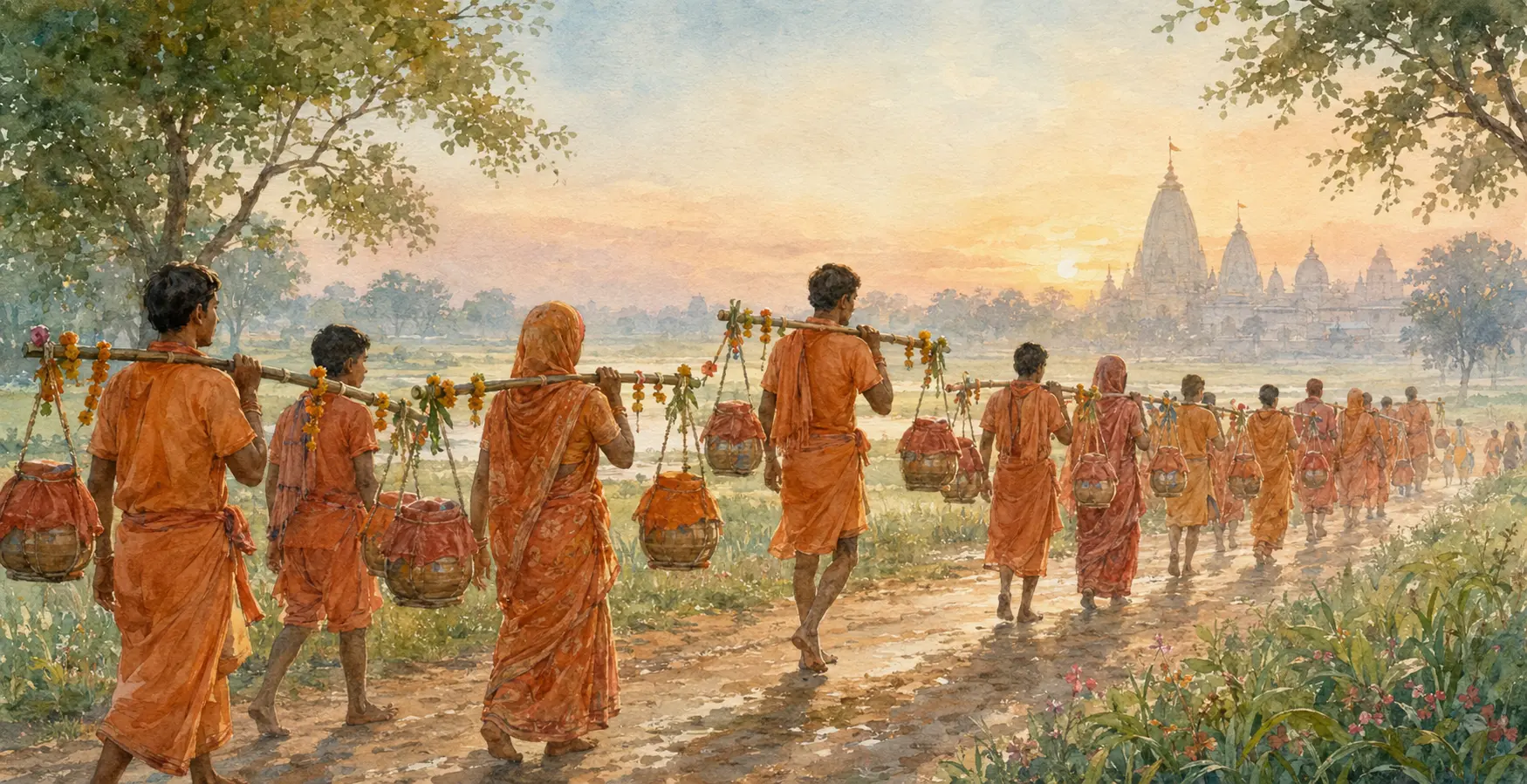 Kanwariya pilgrims carrying decorated bamboo kanwars with Ganga water on the path toward Baba Dham