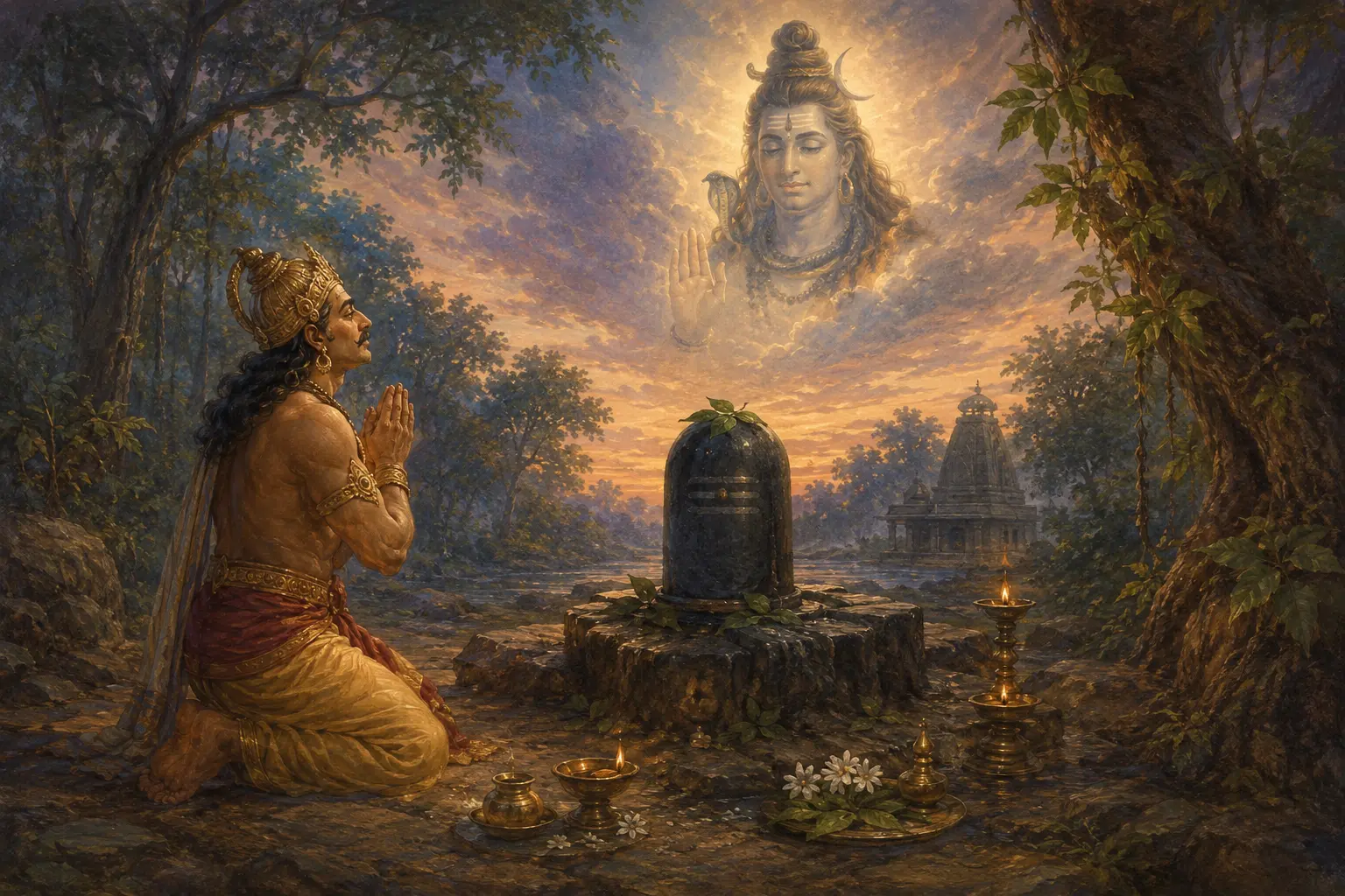 Ravana kneeling in devotion before the rooted Shiva linga while Lord Shiva gives his blessing