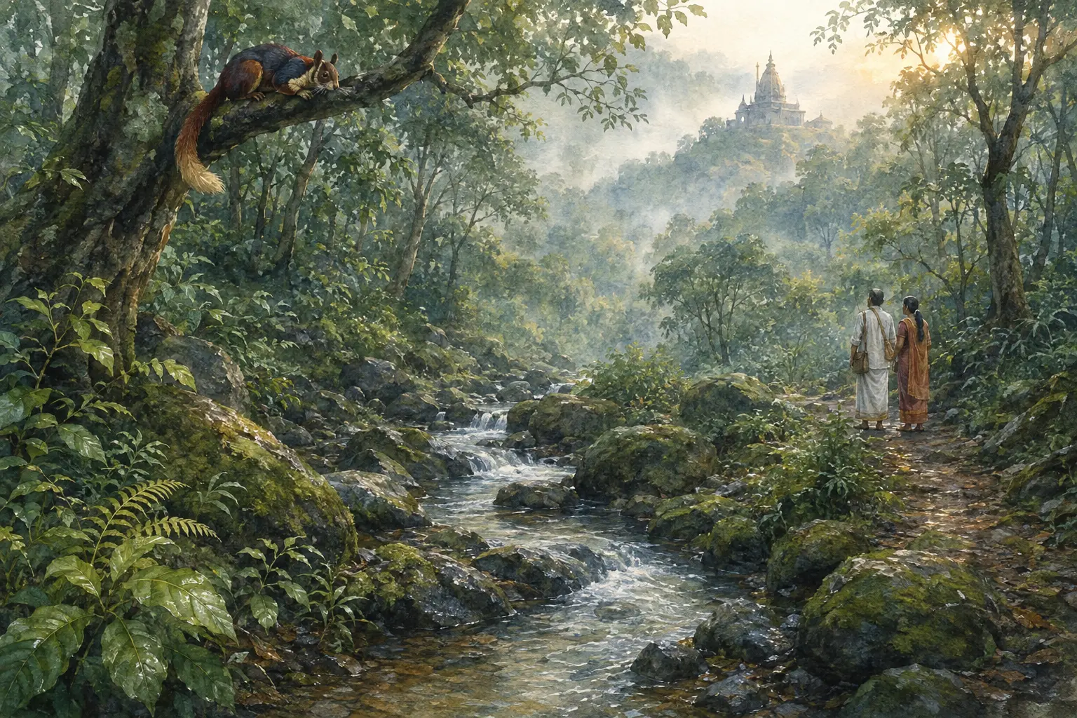 Watercolour of the young Bhima River flowing through Bhimashankar forest with a Malabar giant squirrel in the canopy