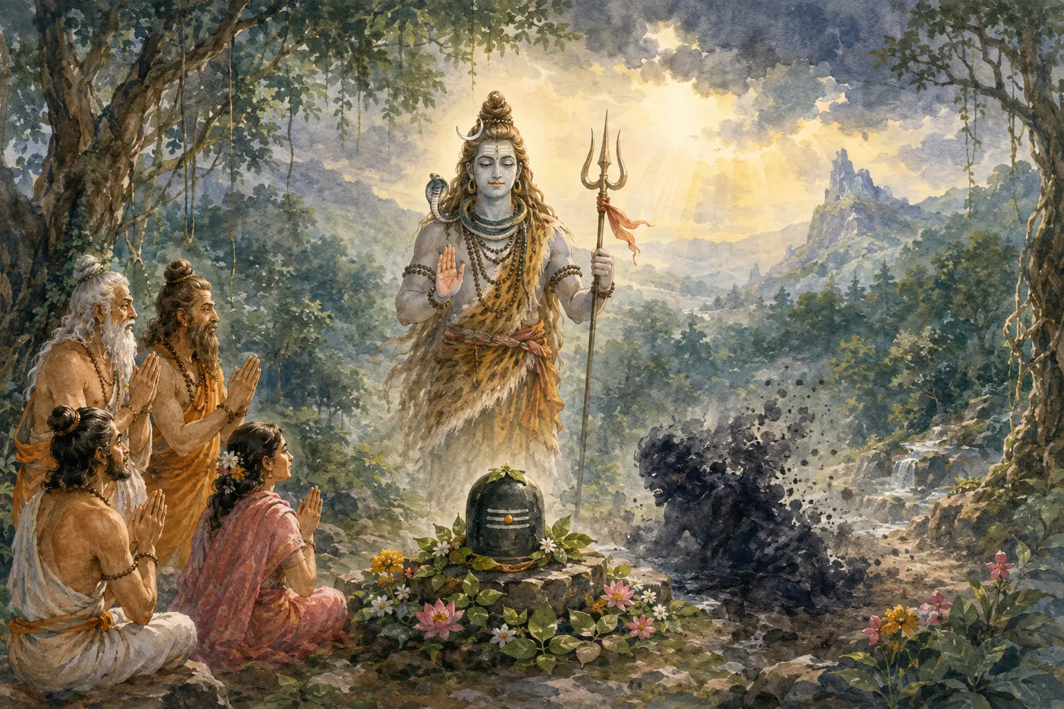 Watercolour depiction of Lord Shiva restoring dharma in the Bhimashankar sacred tradition