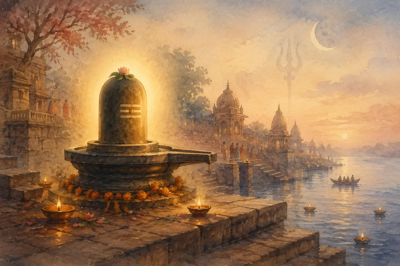 Symbolic watercolour of a radiant Shiva linga, Ganga and the ancient ghats representing Kashi as Avimukta Kshetra.