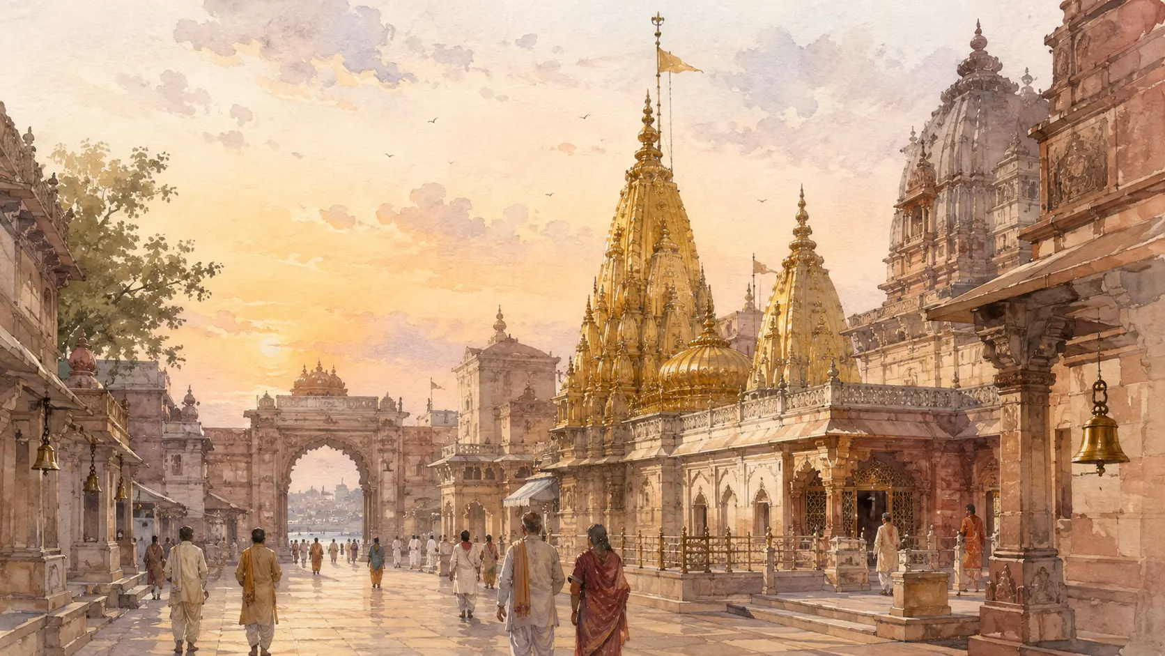 Original watercolour of the golden Kashi Vishwanath Temple shikharas and pilgrims in the Dham precinct at dawn.