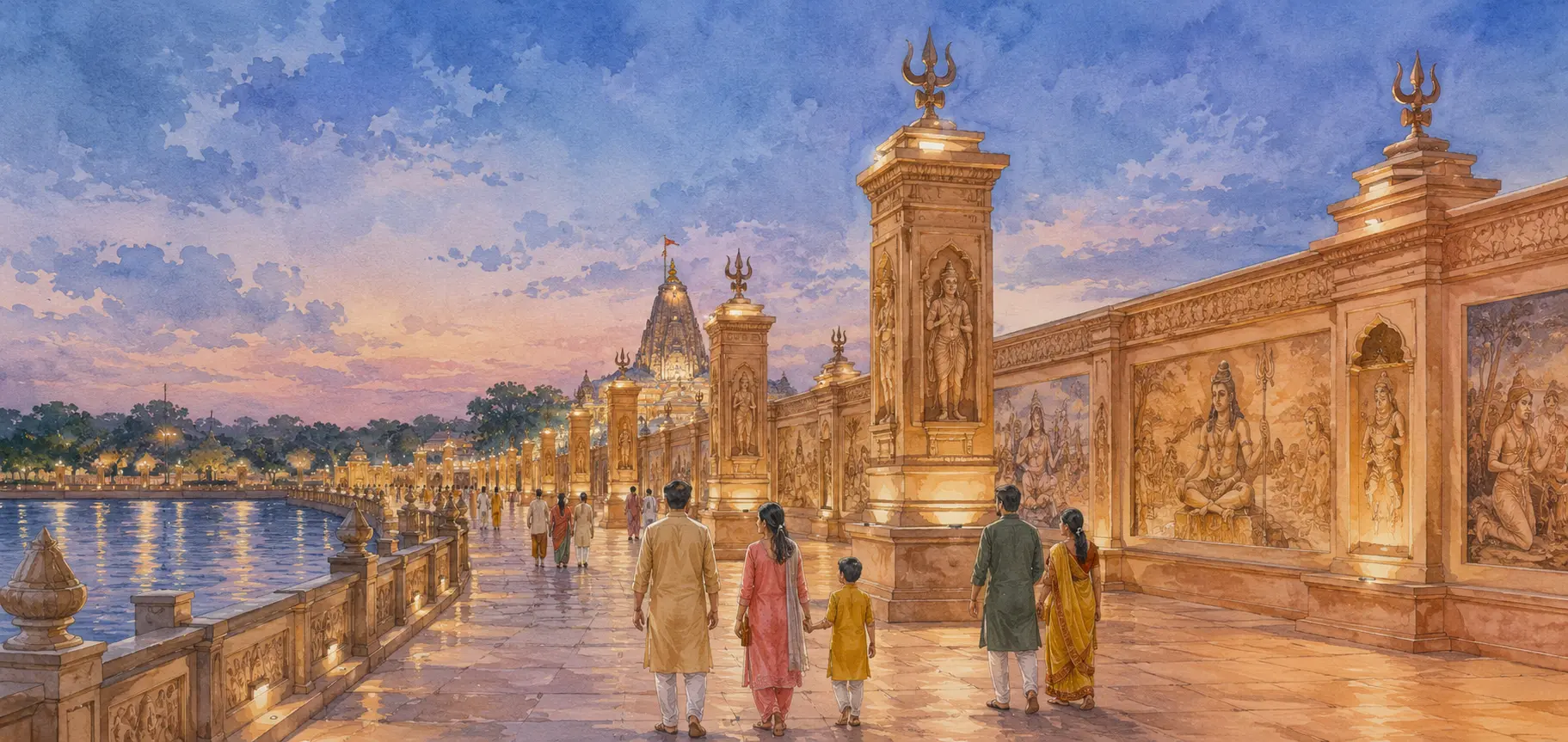 Pastel watercolour of families walking through the illuminated Mahakal Lok corridor in Ujjain