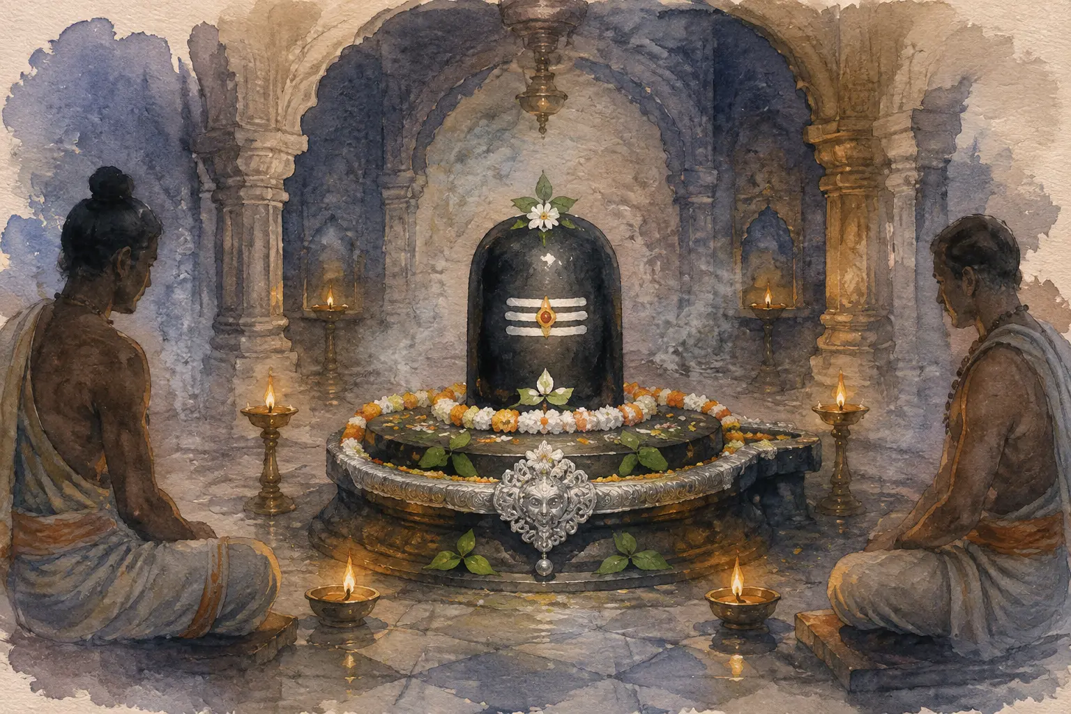 Symbolic watercolour of Mahakaleshwar Jyotirlinga adorned with sacred ash, bilva leaves and lamps