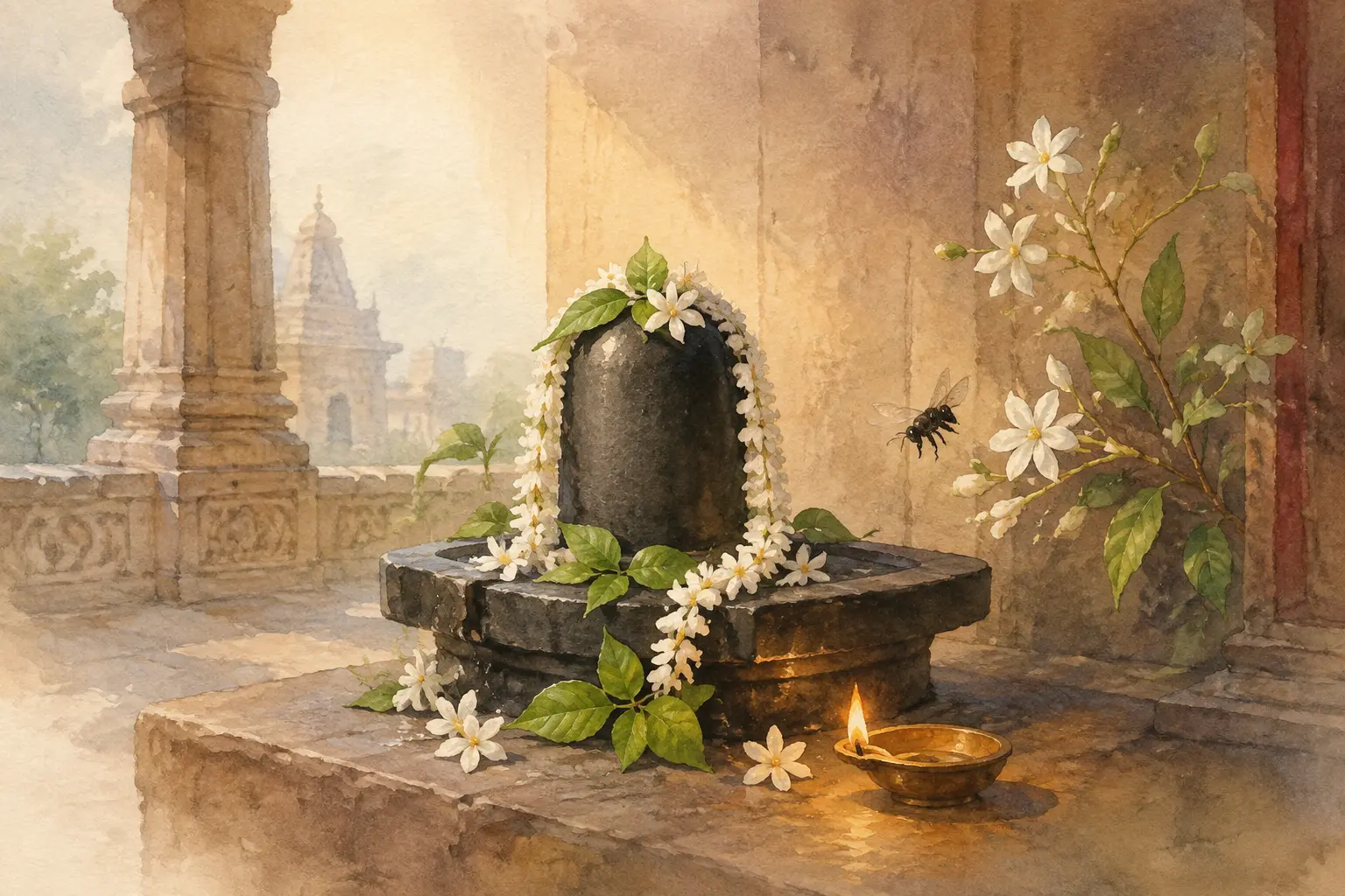 Symbolic watercolour of a Shiva linga adorned with jasmine flowers in a quiet stone temple courtyard