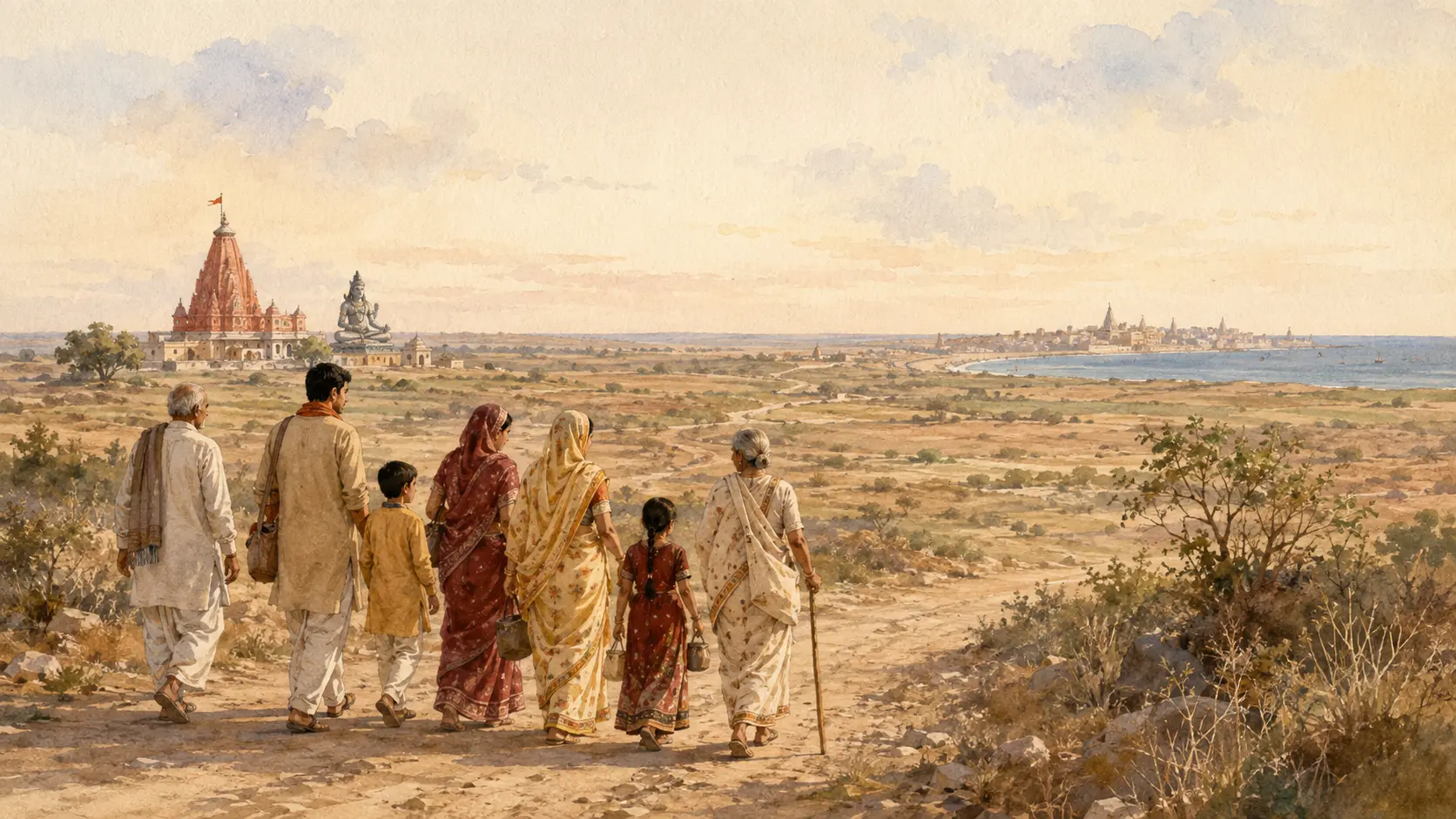 Original watercolour of pilgrims travelling through the coastal sacred landscape between Nageshwar Jyotirlinga and Dwarka.