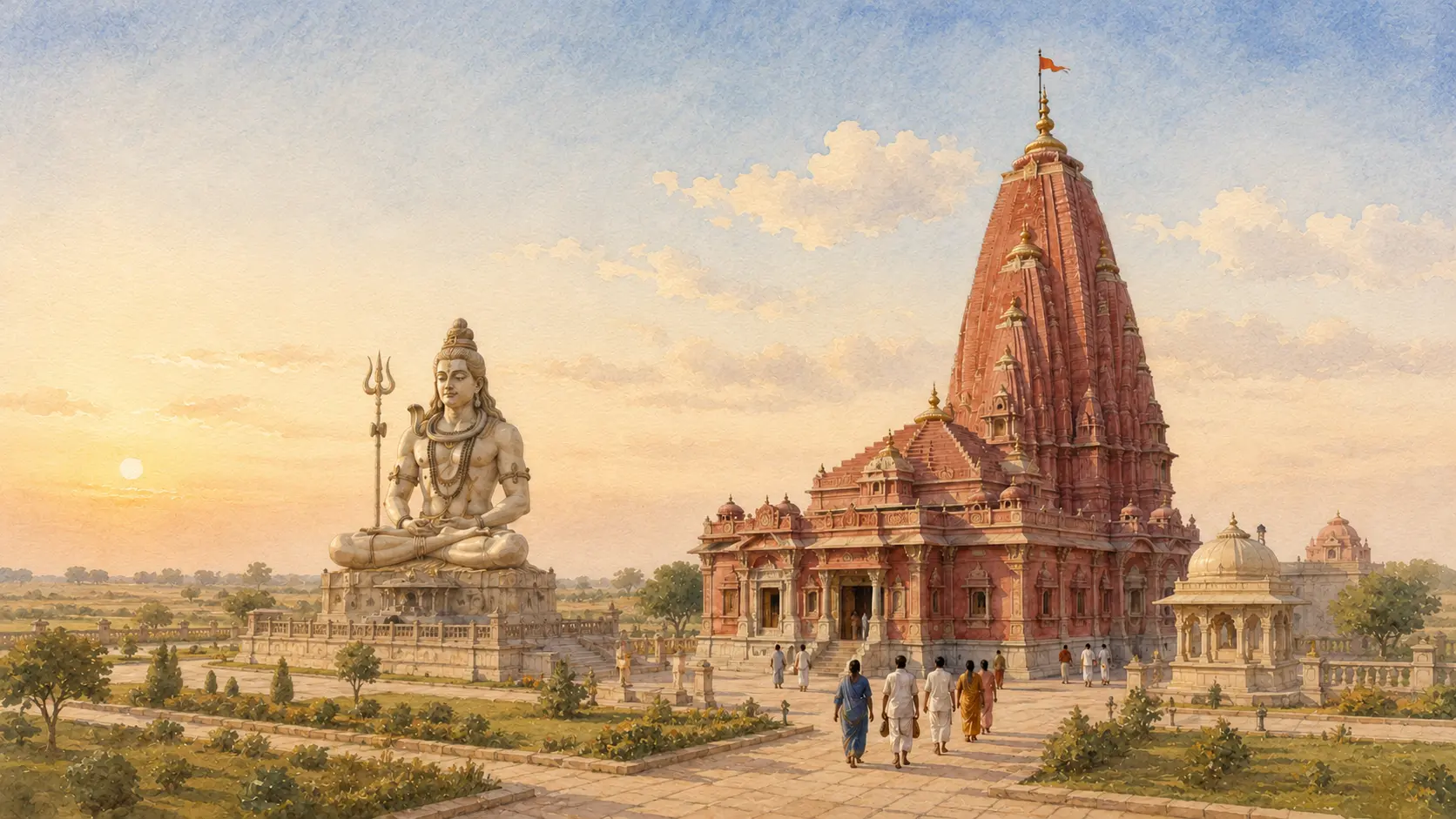 Original watercolour illustration of Nageshwar Jyotirlinga Temple and the great seated Shiva statue near Dwarka at sunrise.