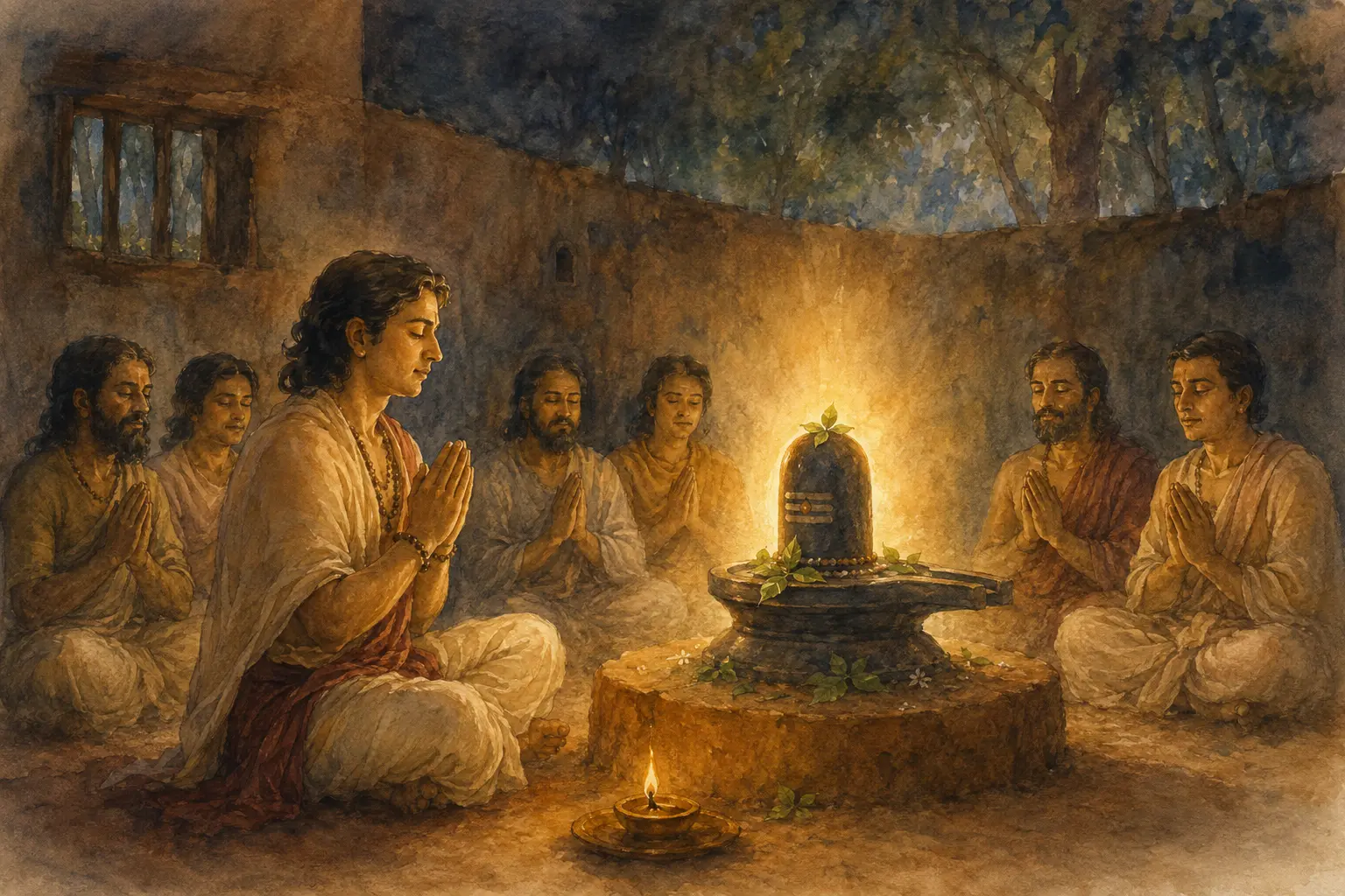 Reverential watercolour of Supriya and fellow devotees chanting before a radiant Shiva linga in the Nageshwar Sthala Purana.