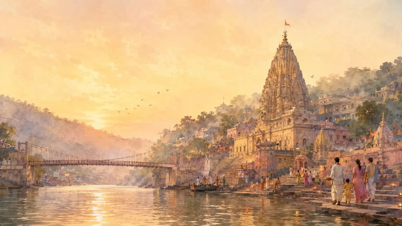 Watercolour view of Omkareshwar Jyotirlinga temple and ghats beside the Narmada River at dawn