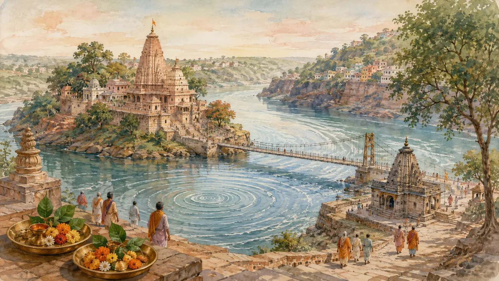 Conceptual watercolour of Omkareshwar and Mamleshwar temples on opposite banks of the Narmada