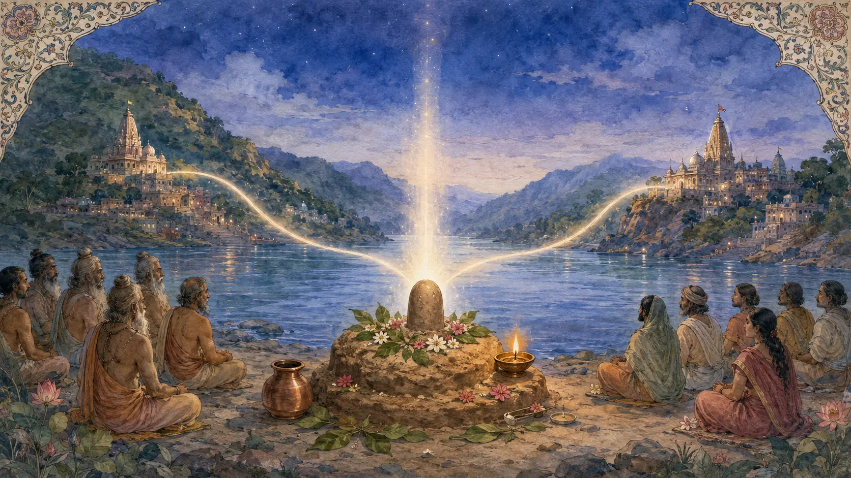 Symbolic watercolour of a parthiva Shiva linga beside the Narmada in the Omkareshwar Sthala Purana