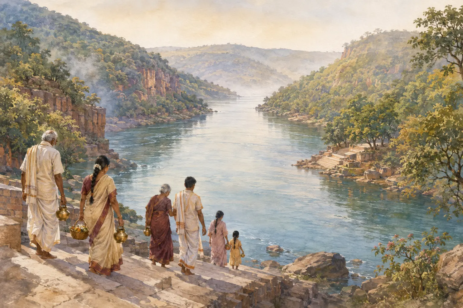 Watercolour of pilgrims descending stone steps towards Patalaganga on the Krishna River below Srisailam