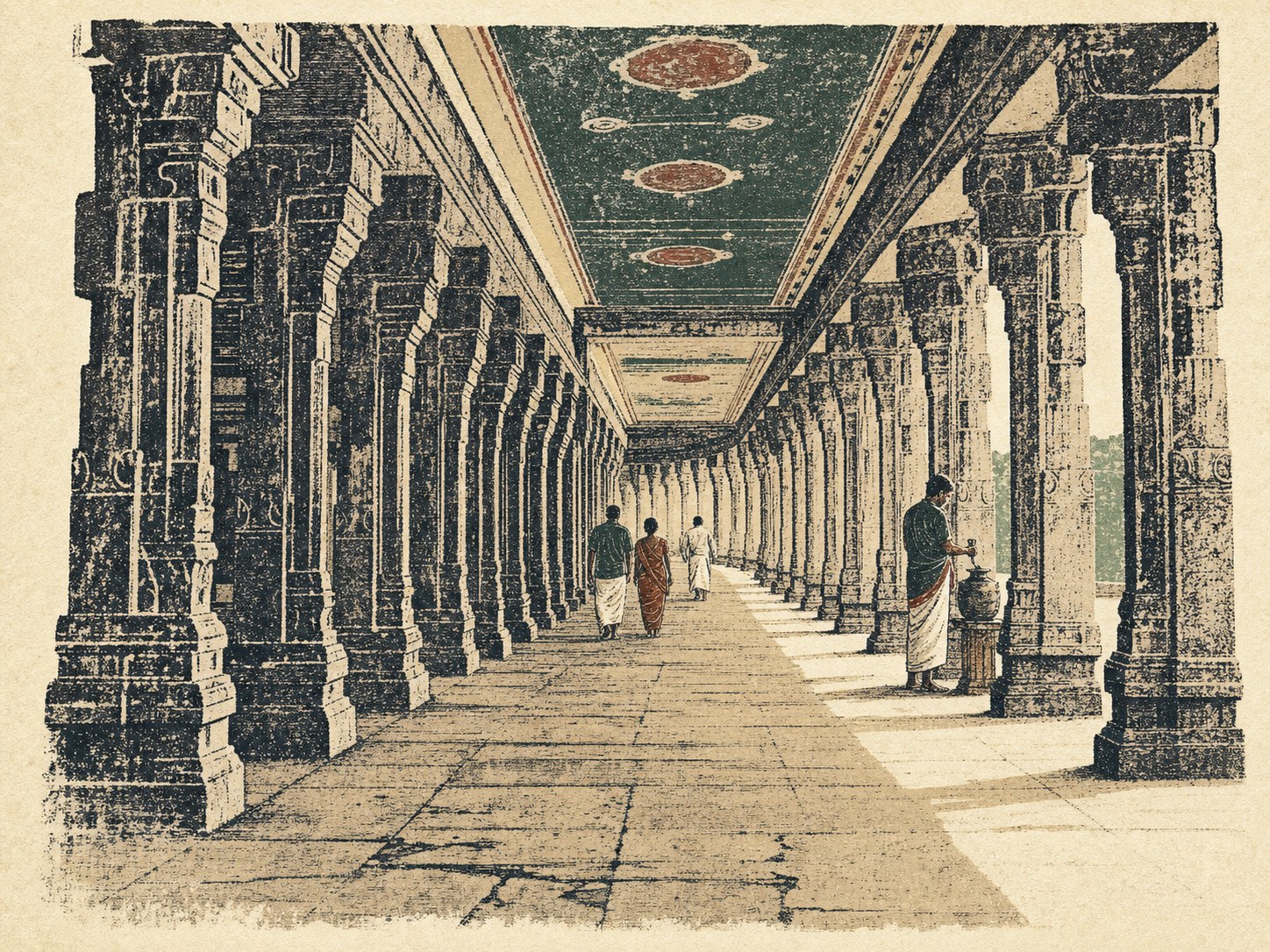 Original block-print illustration of the long pillared third-prakara corridor at Ramanathaswamy Temple.