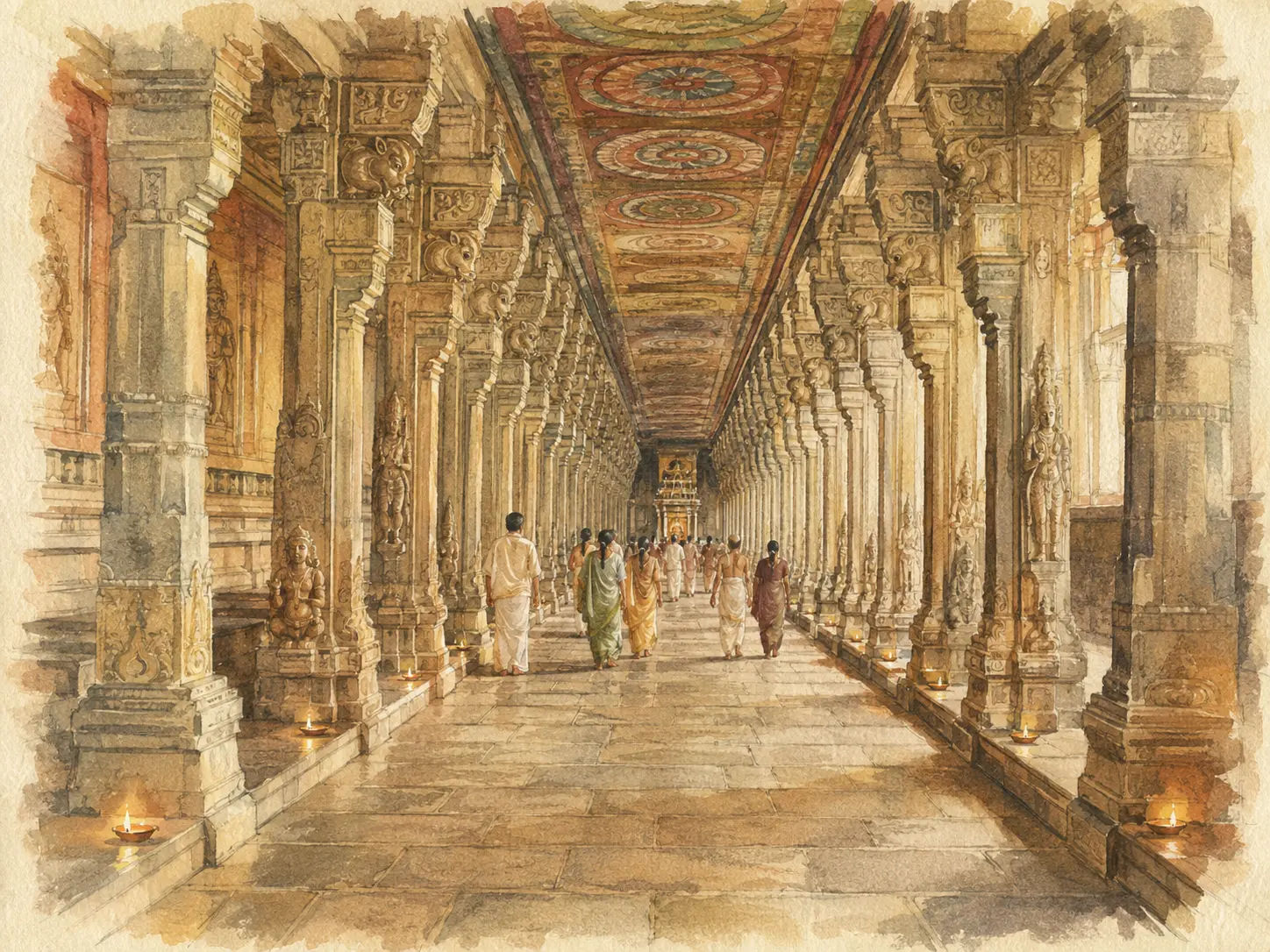 Original watercolour illustration of pilgrims walking through the long carved pillared corridor of Ramanathaswamy Temple.