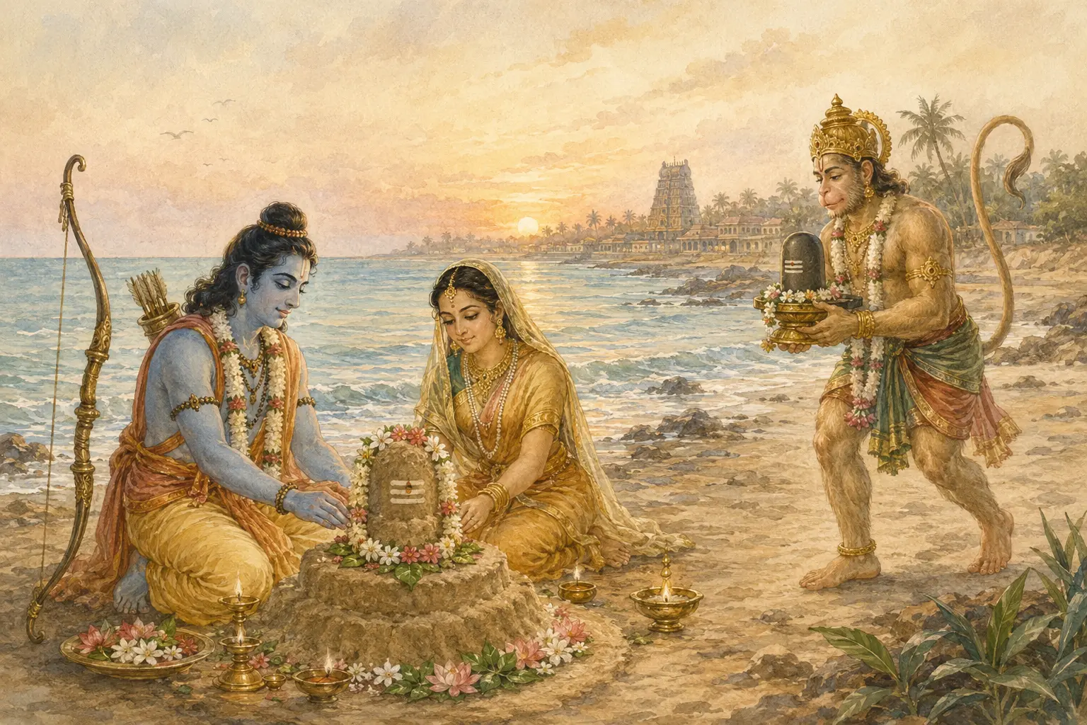 Reverential watercolour of Rama and Sita worshipping the sand Ramalinga as Hanuman brings the Vishwalinga at Rameswaram.