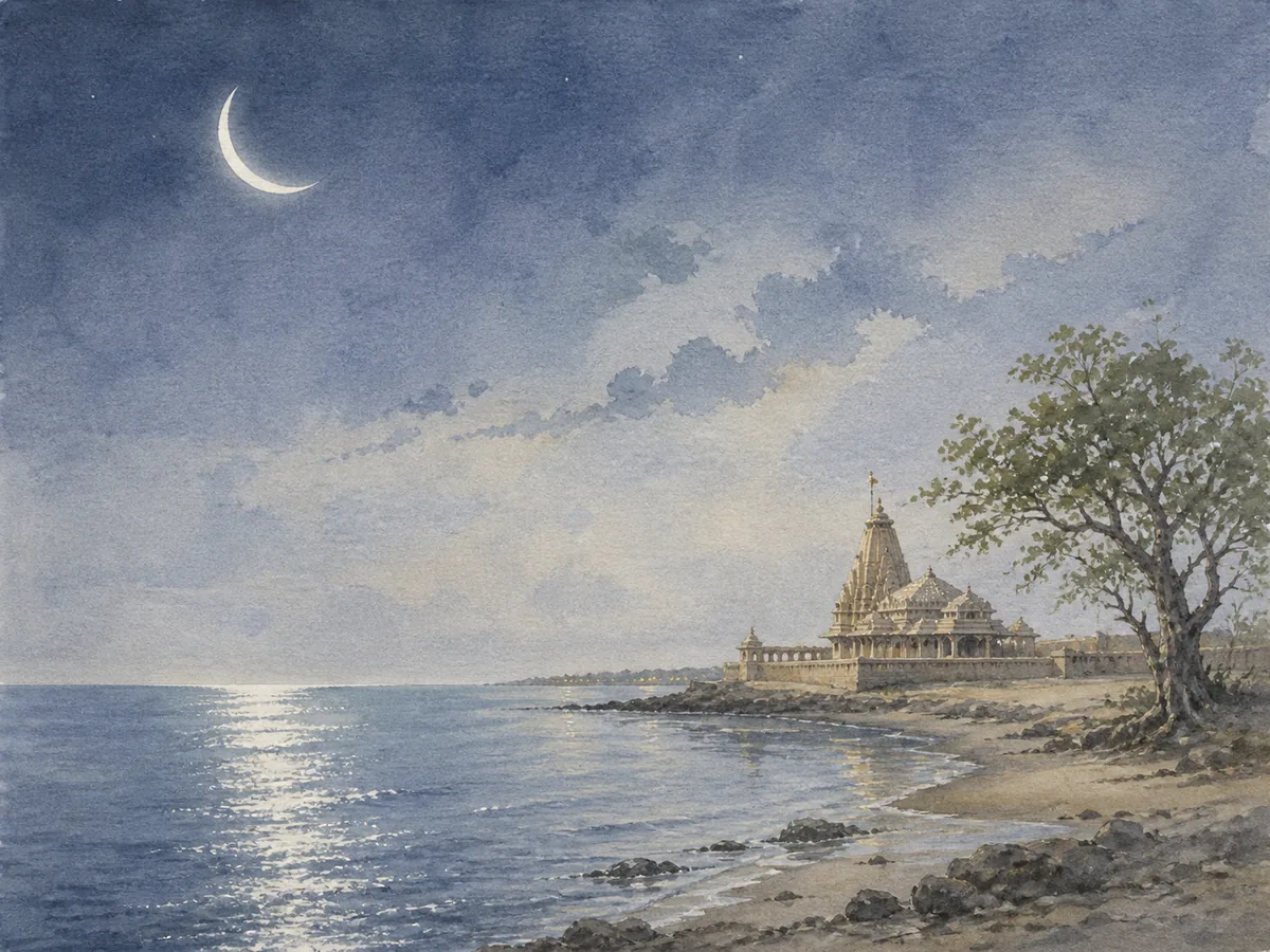 Pastel watercolour of a crescent moon reflected across the Arabian Sea toward Somnath Temple and a bilva tree.