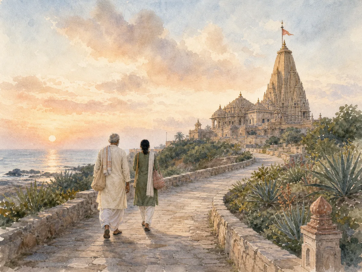 Pastel watercolour of an older and a younger pilgrim walking together along a coastal path toward Somnath Temple at dawn.