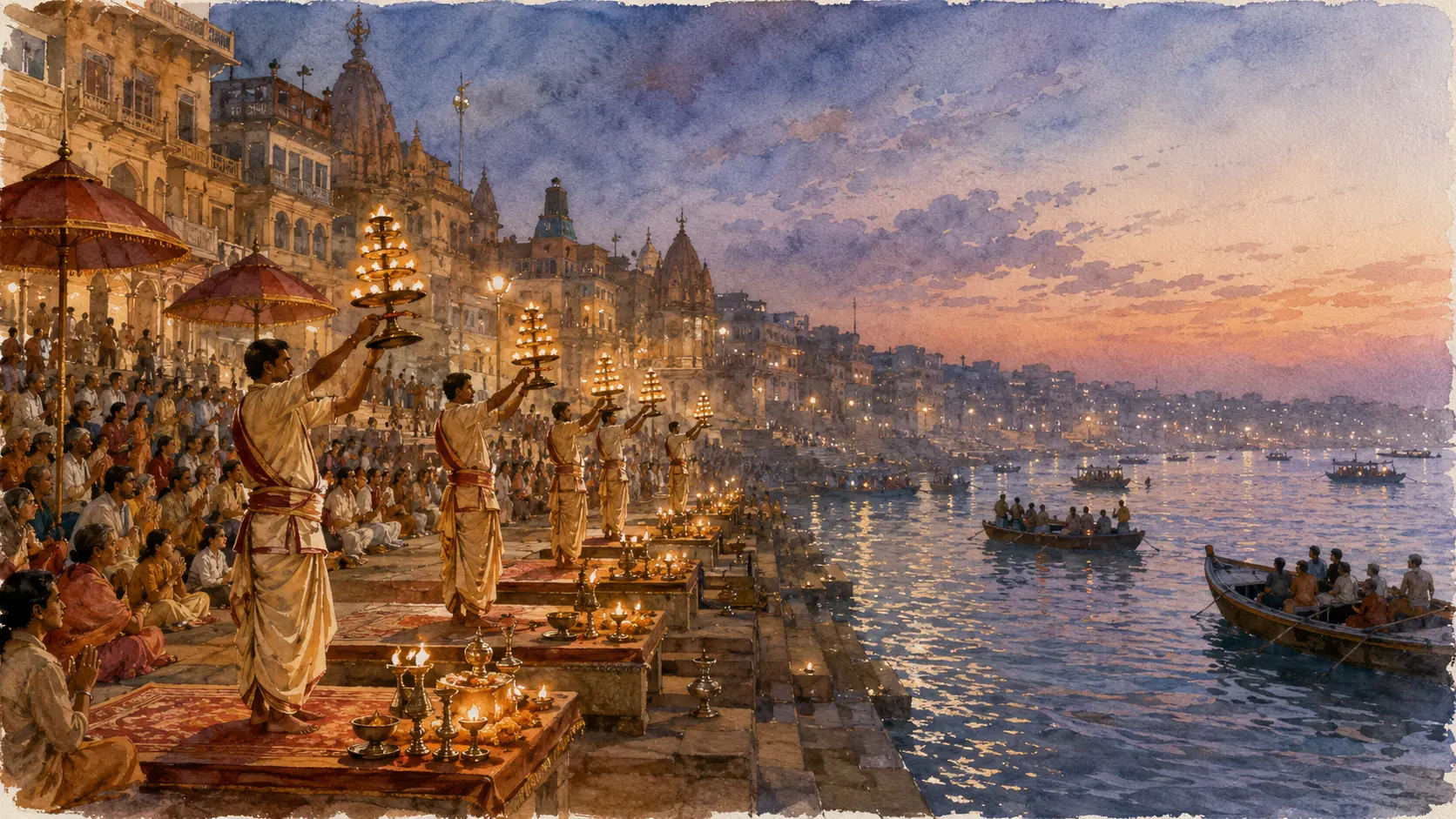 Original watercolour of the evening Ganga Aarti at Dashashwamedh Ghat with lamps, pilgrims and boats.