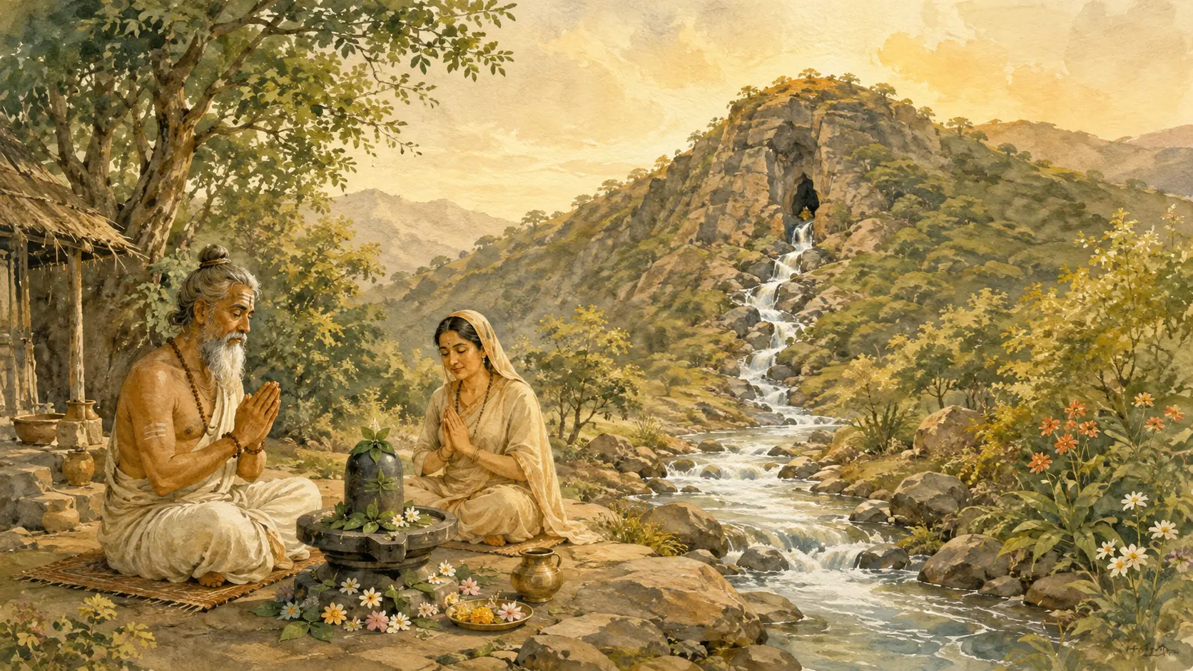 Watercolour of Gautama Rishi and Ahalya praying as the Godavari flows from Brahmagiri