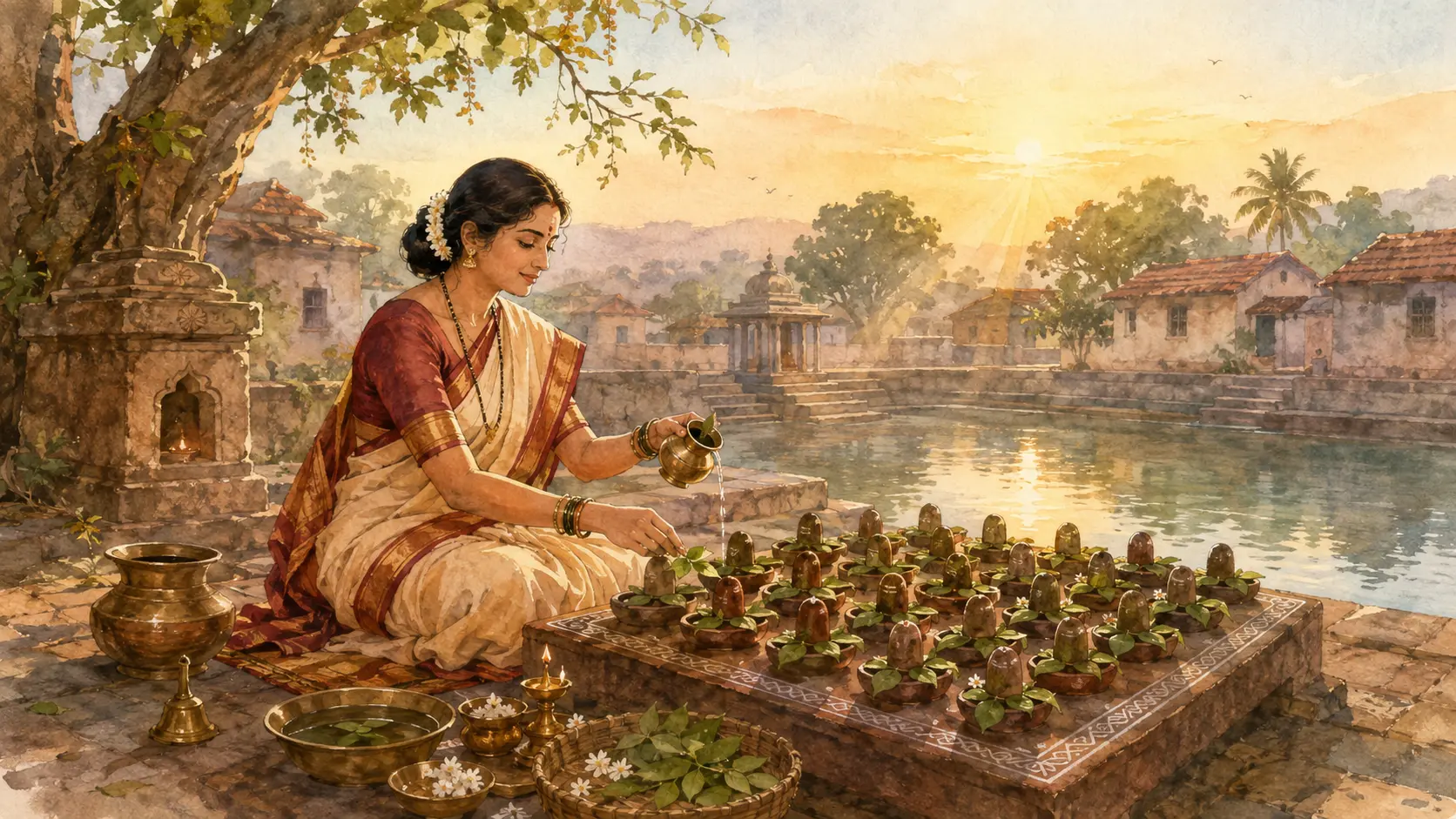 Conceptual watercolour of Ghushma worshipping parthiva Shiva lingas beside a sacred water tank