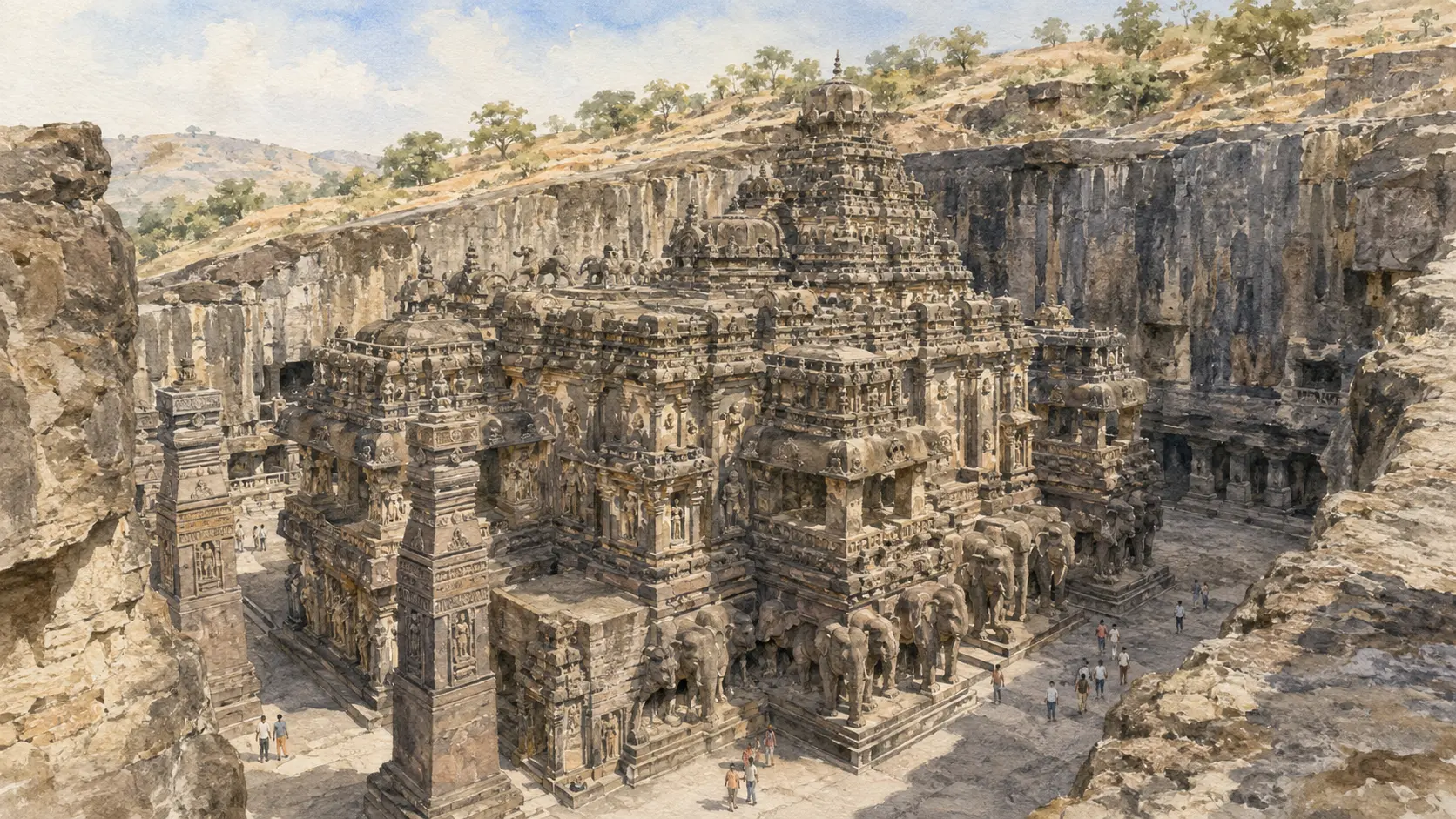 Watercolour view of the monolithic Kailasa Temple at the Ellora Caves near Grishneshwar