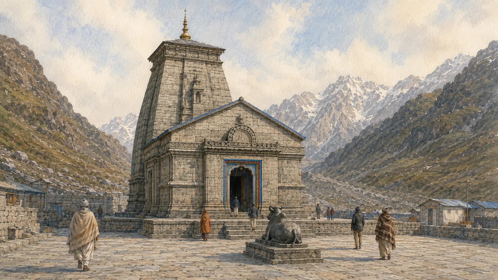 Kedarnath Jyotirlinga temple and stone Nandi beneath the Garhwal Himalayas