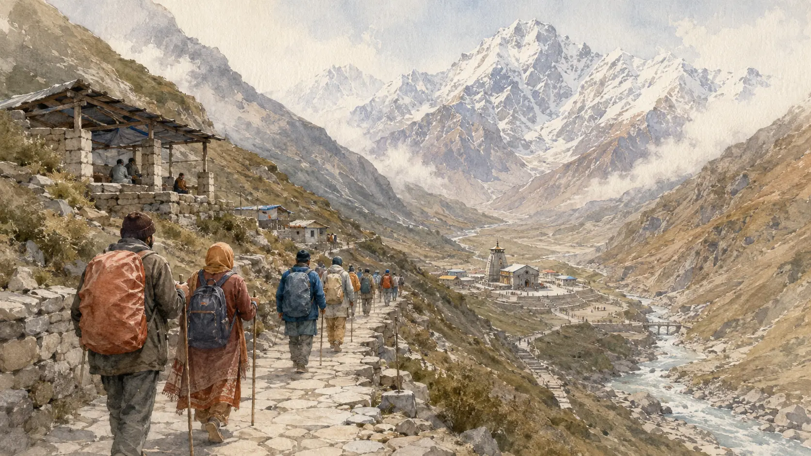 Pilgrims walking the mountain trail towards Kedarnath Temple in the Mandakini valley