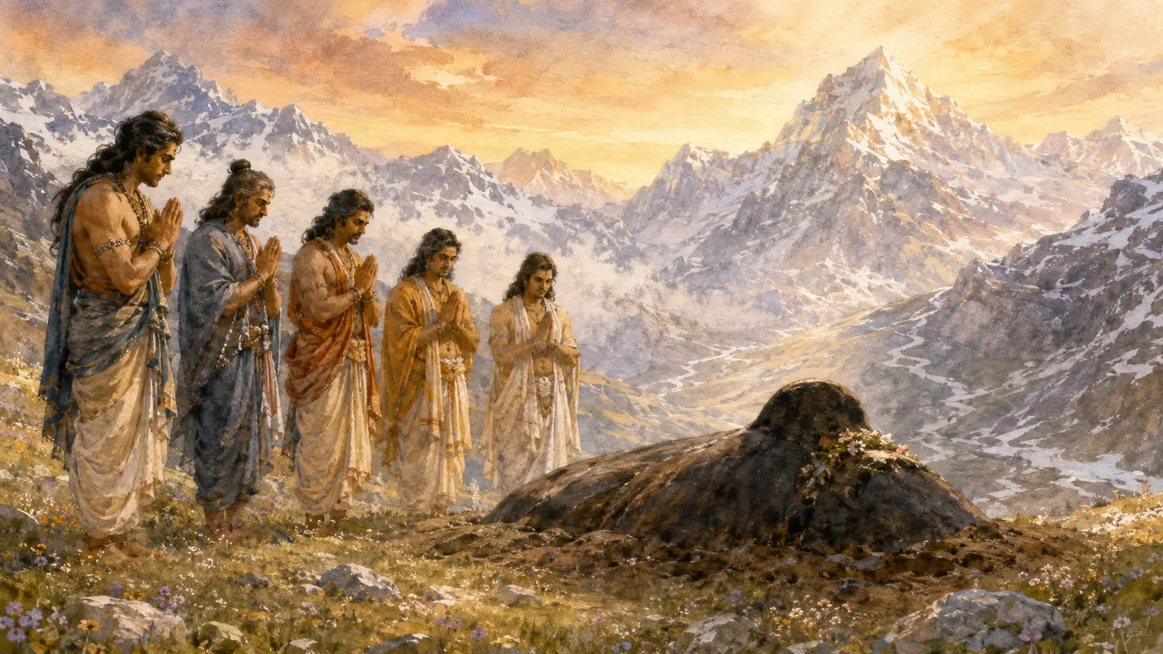 Watercolour of the Pandavas praying before Shiva’s bull-form hump in the Panch Kedar tradition