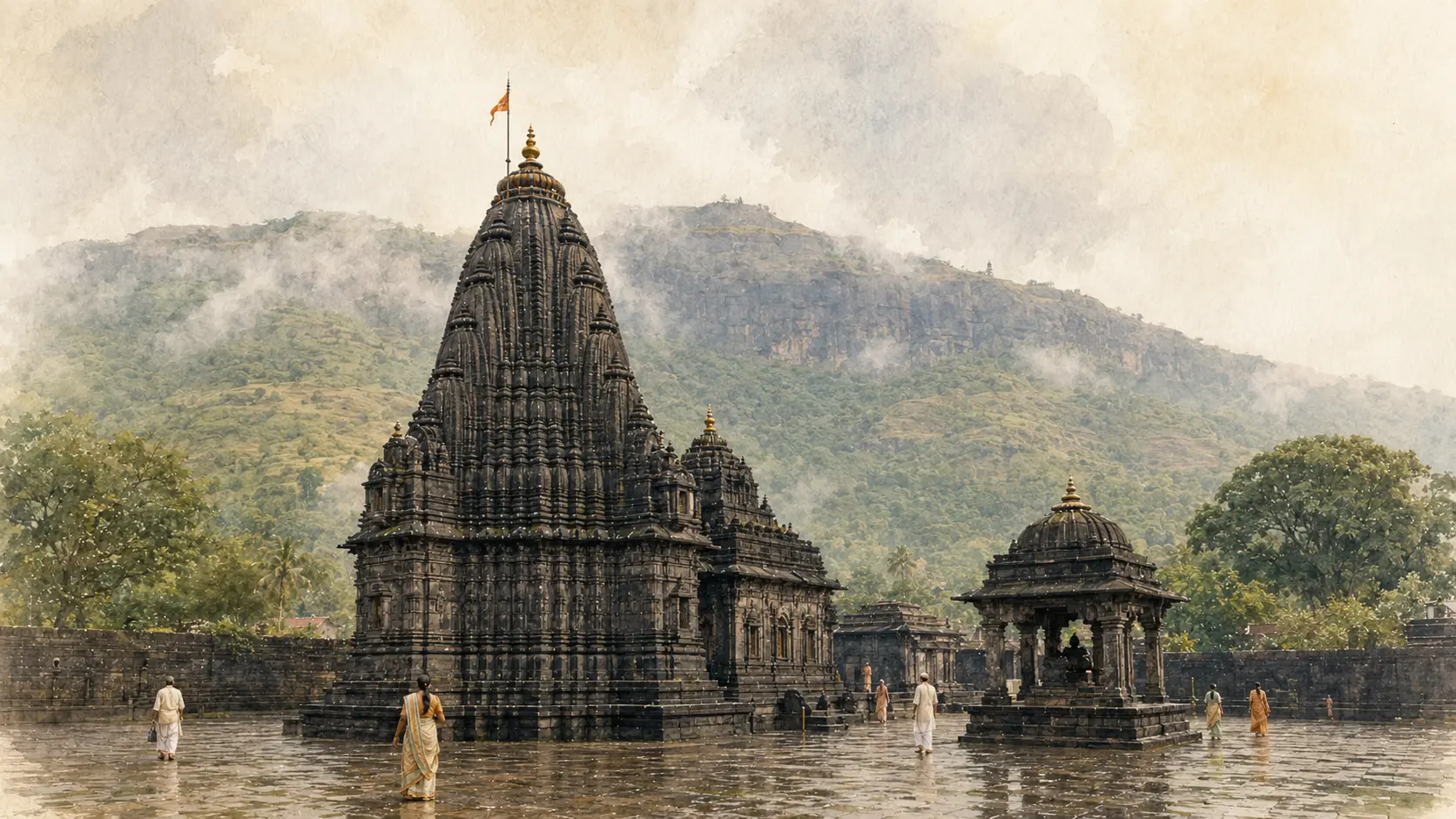 Trimbakeshwar Jyotirlinga temple beneath the green Brahmagiri hills in Maharashtra